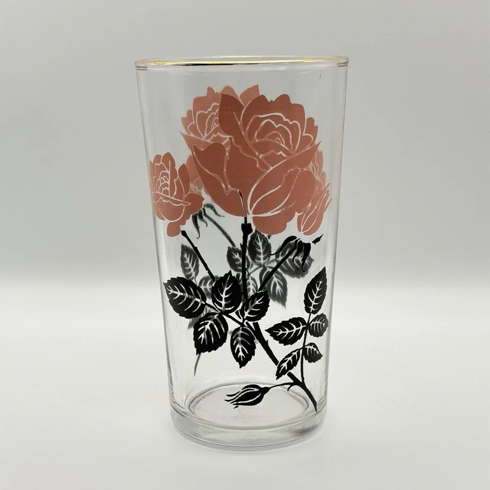 Vintage‎ Pink Rose Glasses Set of 6 Highball Gold Rim Floral Tumblers 1960s MCM
